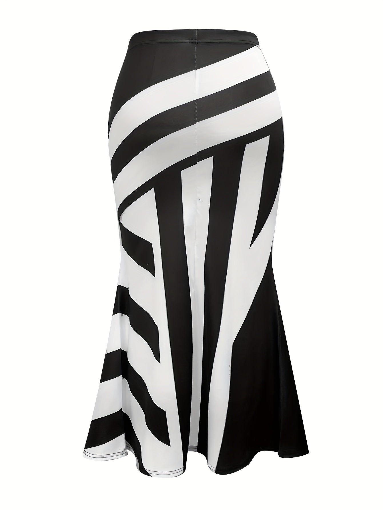 Plus Size Mermaid Skirt Women Polyester Black White Striped Flared Knee Length Office Wear