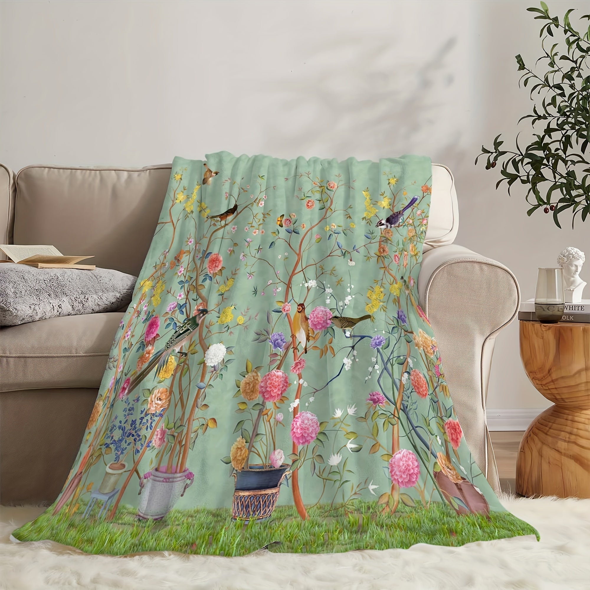 Flannel Blanket with Flower and Bird Pattern Cozy Soft Sofa Throw for All Seasons