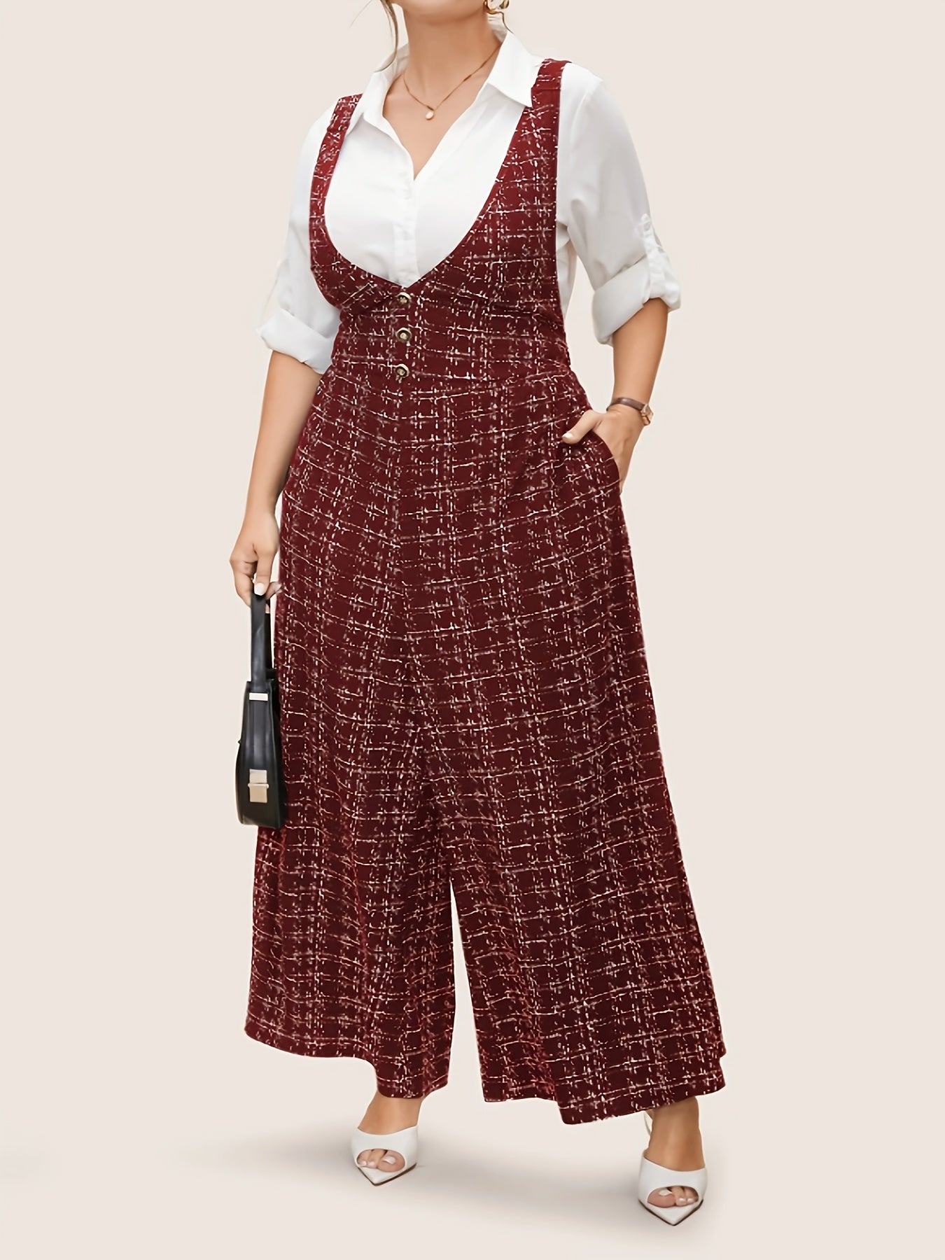 Plus o'lchamli gul bosma bilan jumpsuit Polyester, bezsiz, V-shaklli bo'yin, kundalik