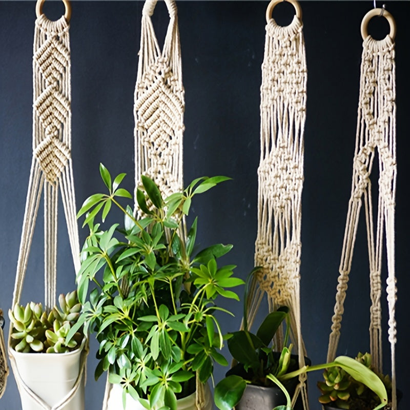 Set of 5 Macrame Plant Hangers Indoor Boho Style with Support Rack and Hanging Pots