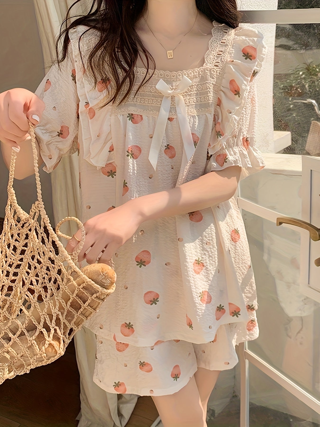 Conjunto de pijama de verano para mujer con top de manga corta y pantalones cortos con estampado de fresas y flores de poliéster sueño