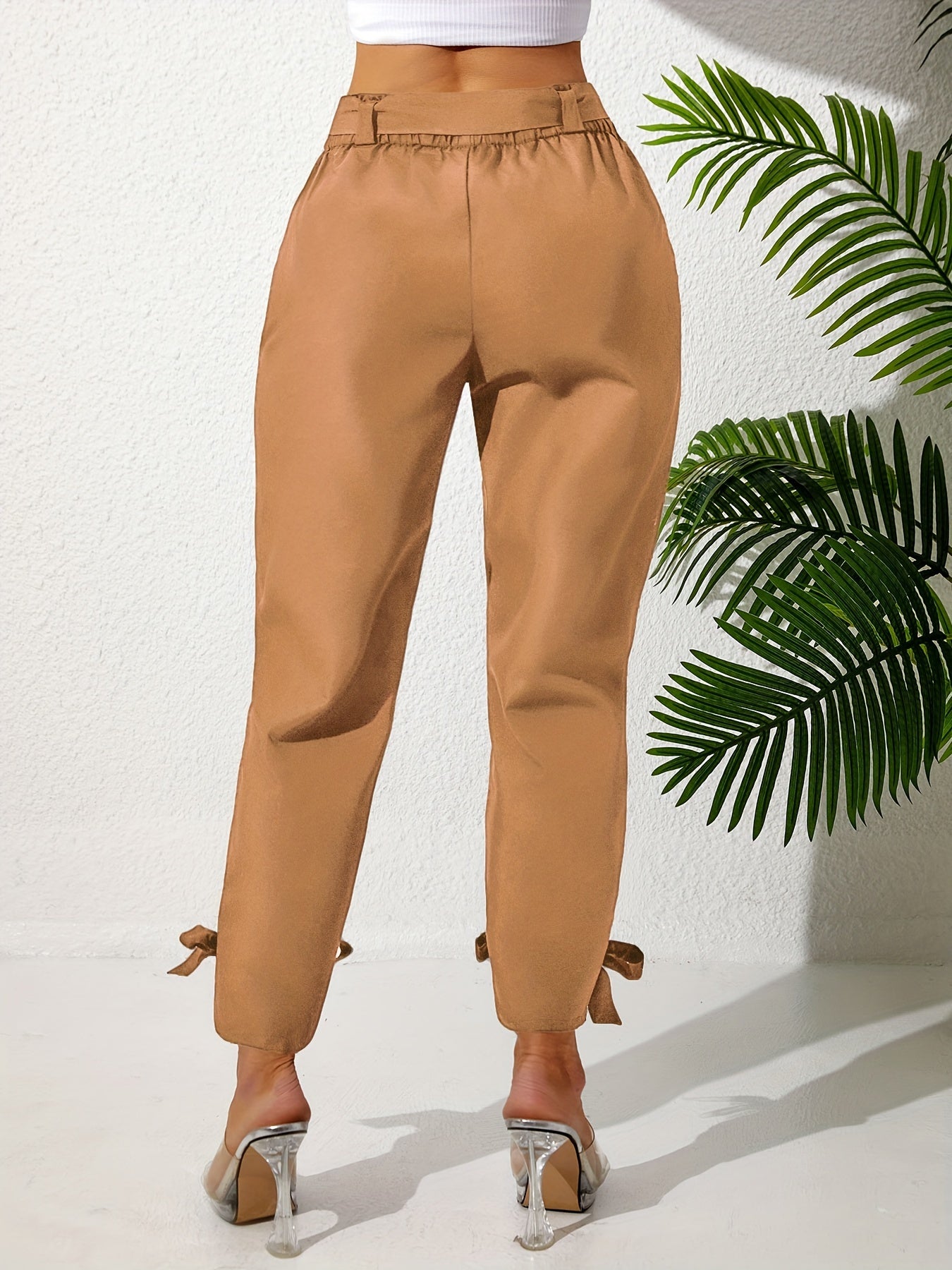 Pantalones anchos de talla grande para mujer con lazo en la parte delantera, color sólido, largo recto, verano, casual, con cintura elástica