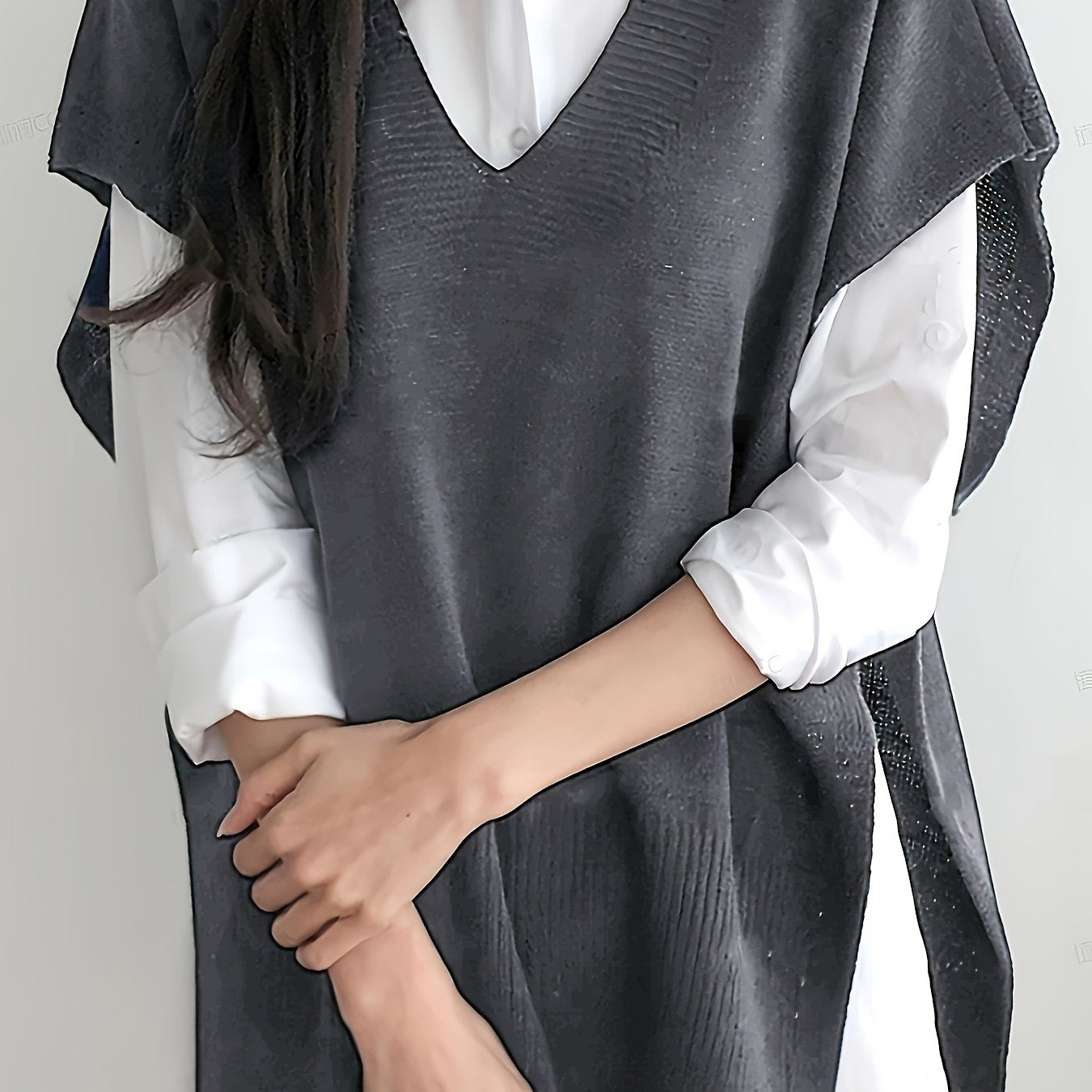 Women's Plus Size V-Neck Slit Top Stretchy Semi-Sheer Blouse