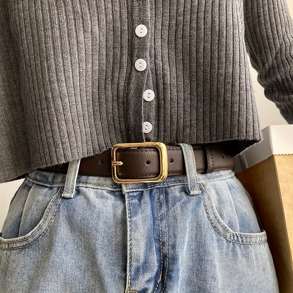 Ladies Dress Jeans Belt with Metal Square Buckle and Adjustable PU Leather Waistband