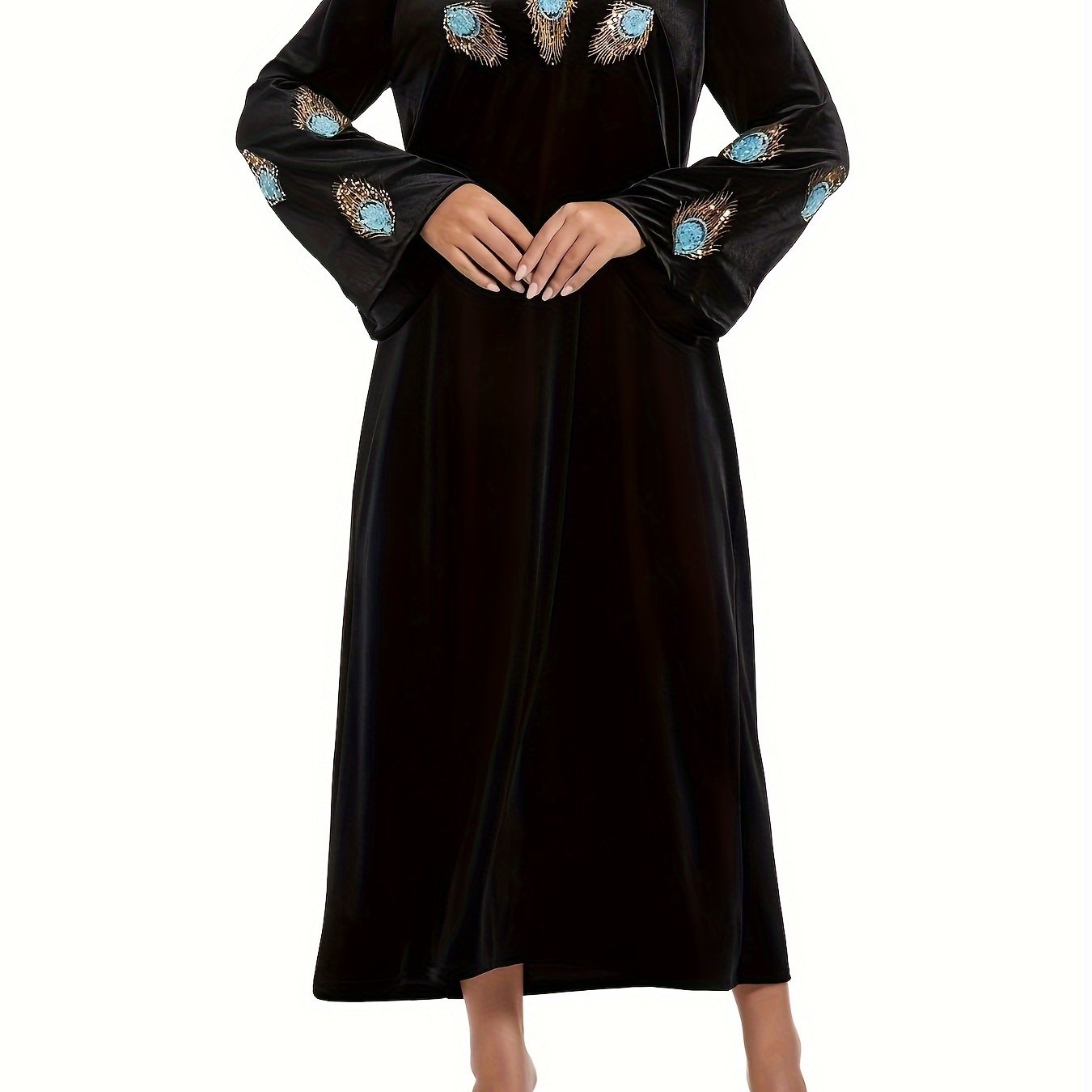 Vestido largo bordado para mujer, mezcla de poliéster, patrón de animales, cuello redondo, para todas las estaciones, corte recto