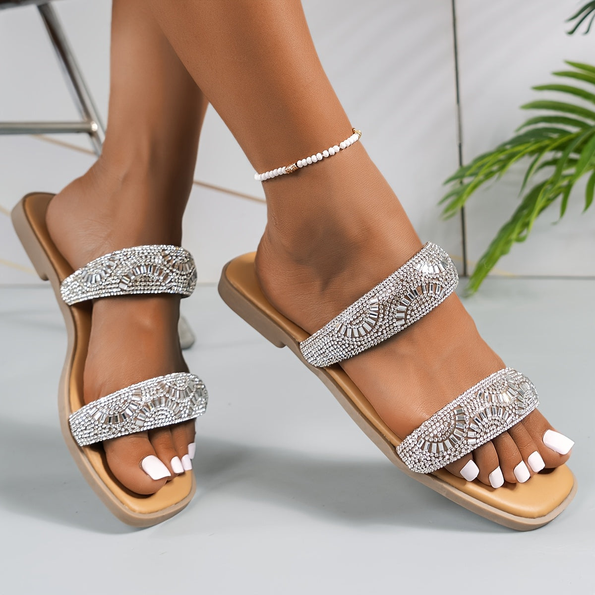 Women's Flat Sandals Soft Sole Glitter Rhinestone Double Strap Summer Casual