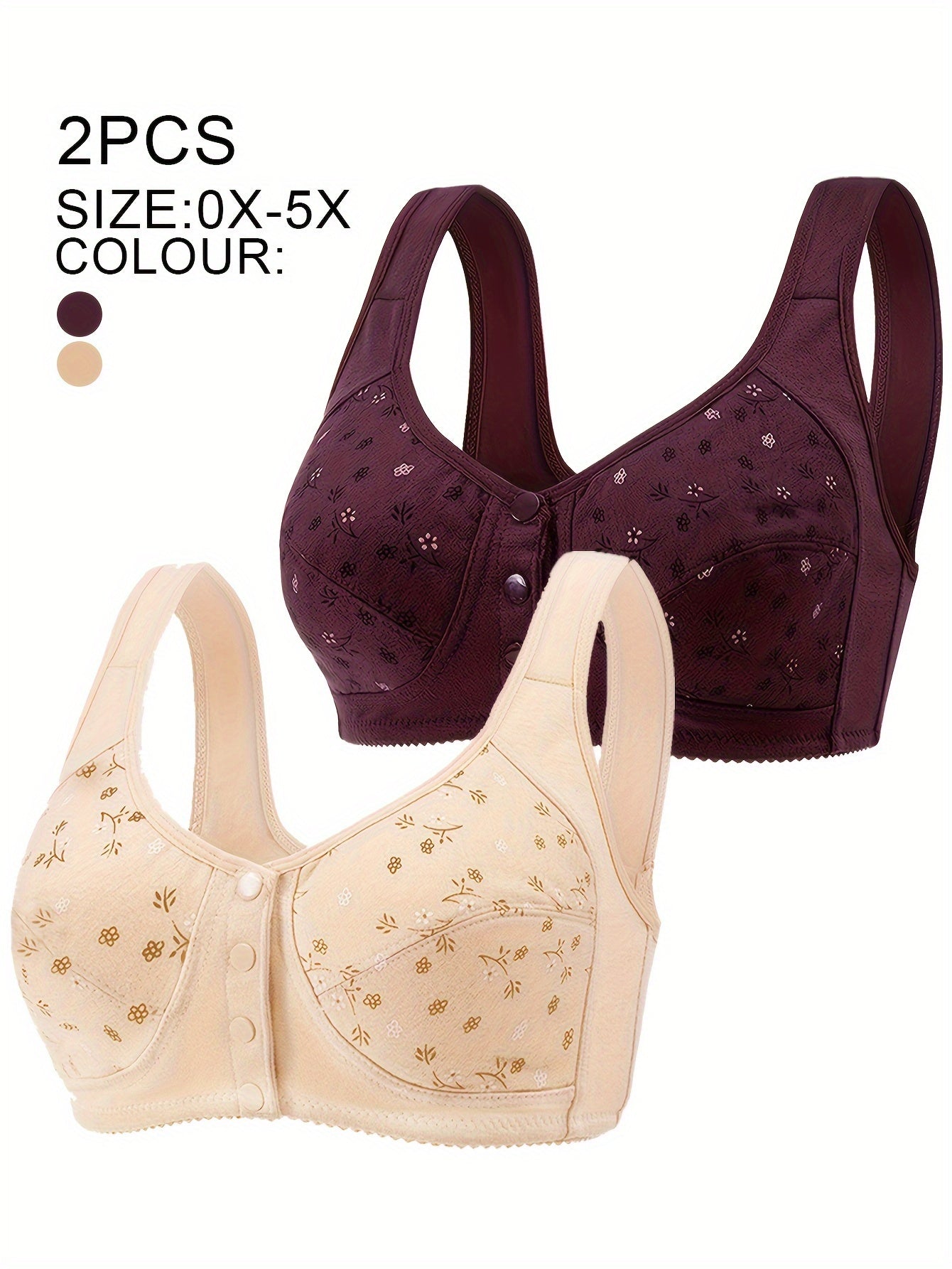 Plus Size Wireless Bras Set with Button Detail No Padding Random Print