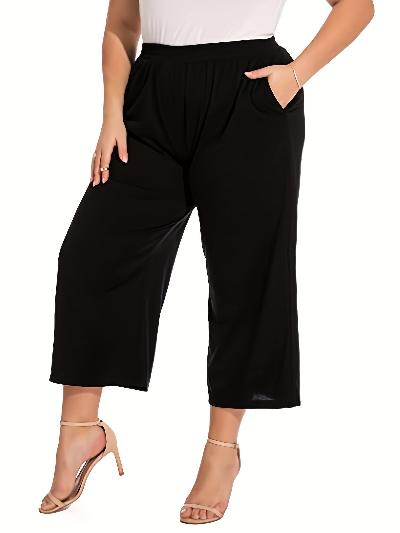 Pantalones capri de mujer de talla grande, sólidos, de tiro alto y pierna ancha