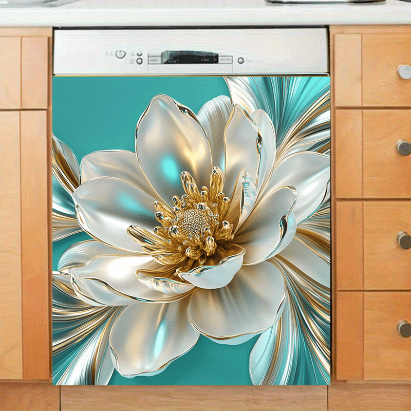 Pearl and Gold Embossed Flower Dishwasher Magnet 2D Luxury Design Magnetic Oilproof Panel Modern Kitchen Decor