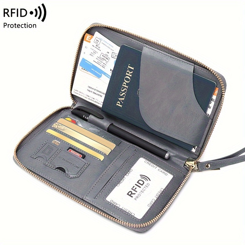 Brown RFID Blocking Travel Wallet with Zipper Closure and Wrist Strap for Passports and Cards