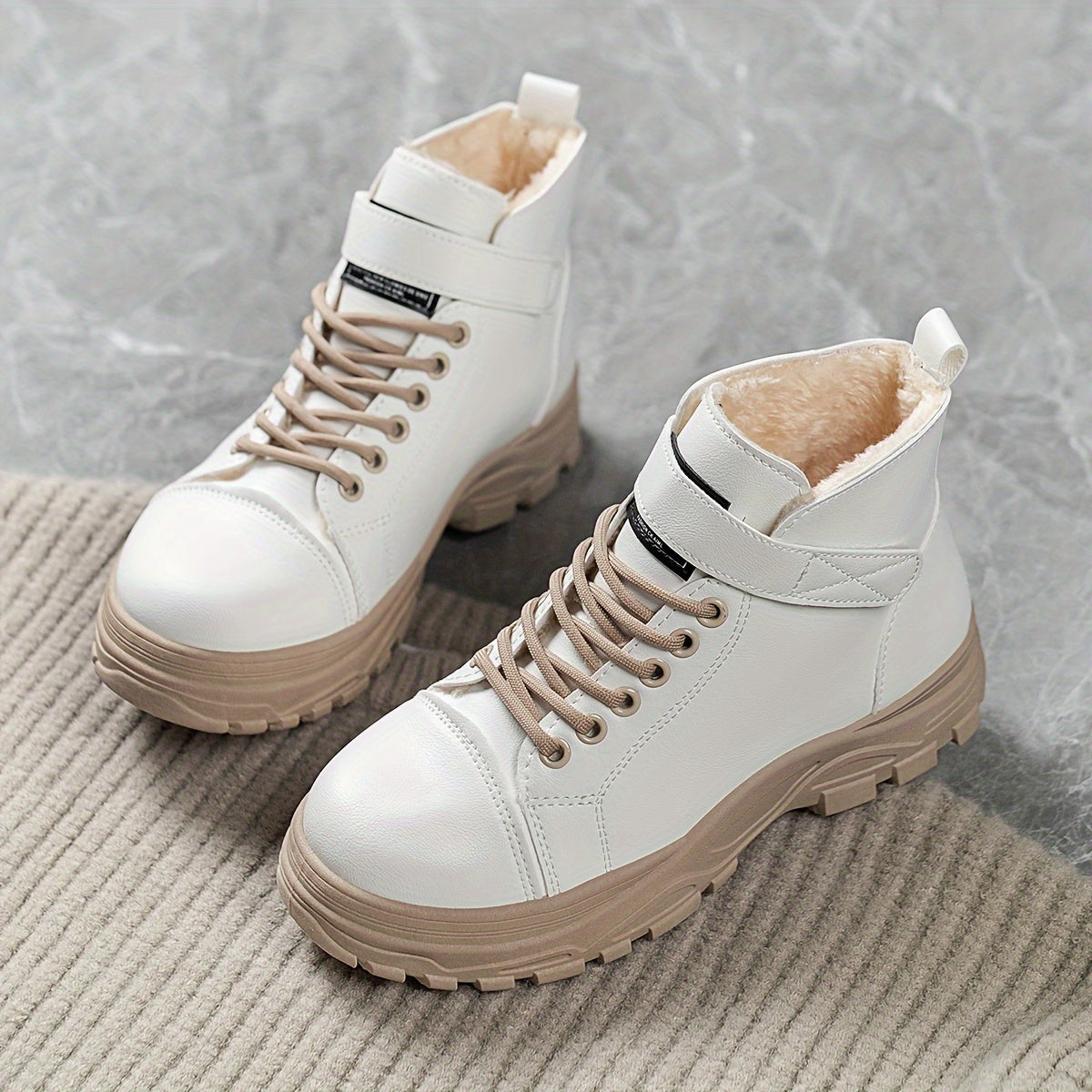 Women's Plush-Lined Winter Ankle Boots with Rubber Sole and Adjustable Straps