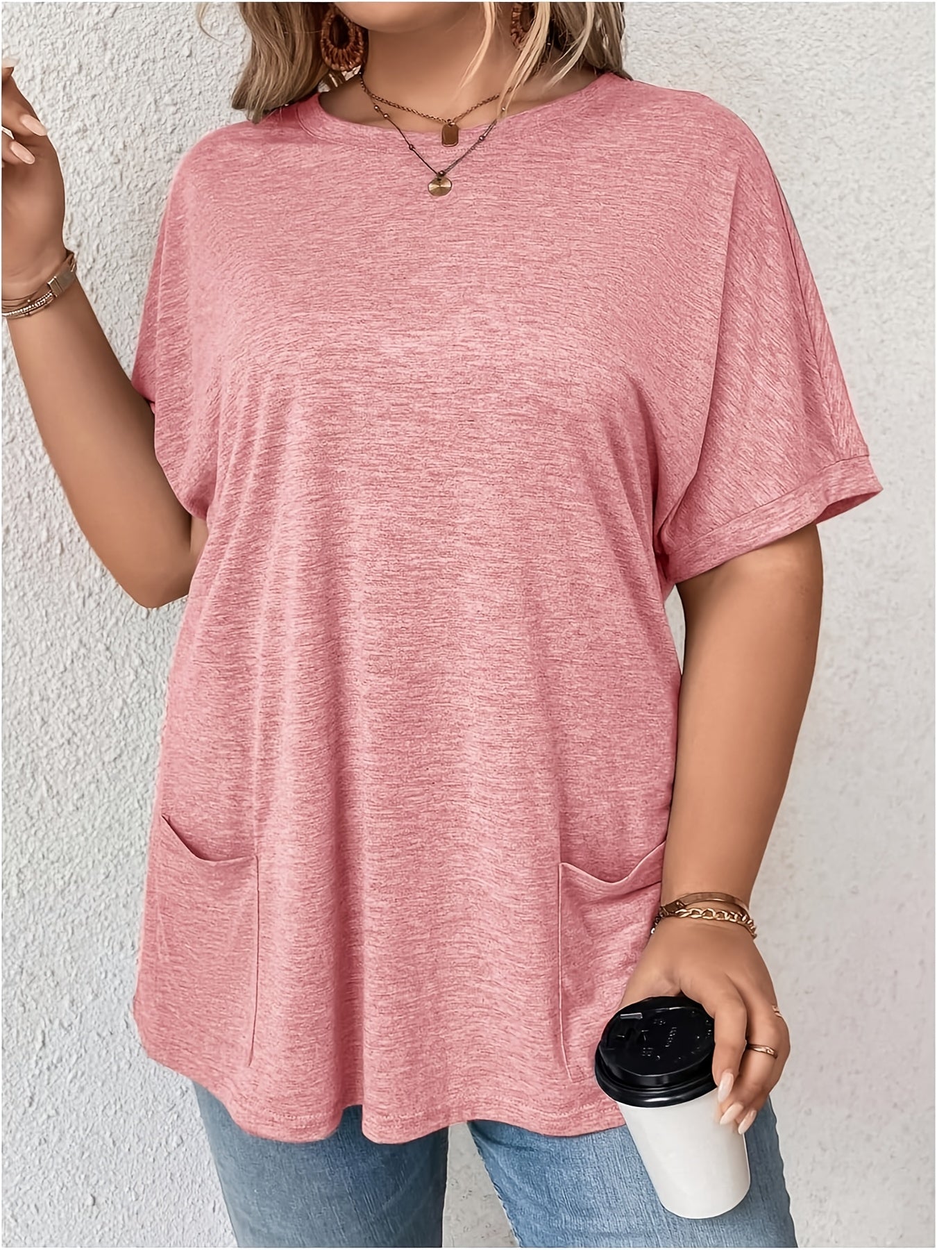 Plus Size Women's Batwing Sleeve T-Shirt with Pockets Black Summer Top