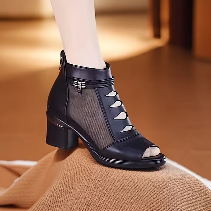 Women's Summer Ankle Boots Peep-Toe Chunky Heel Black White PU