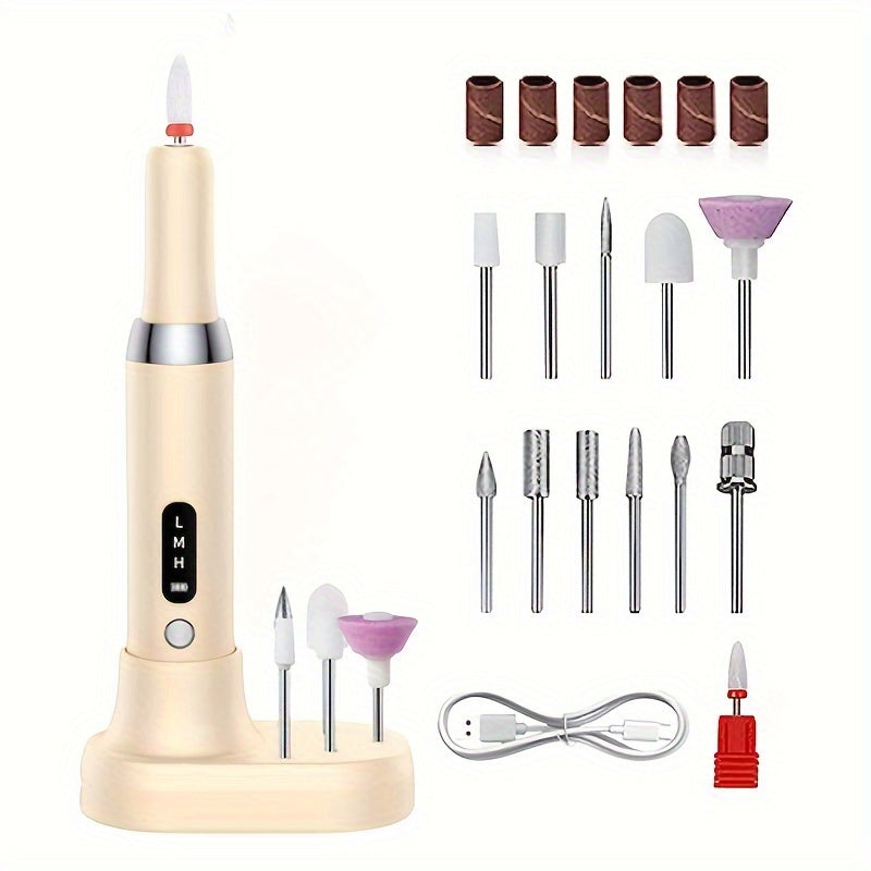 USB orqali zaryadlanadigan elektr tirnoq burg'ulash to'plami, almashtiriladigan maydalash boshliqlari va portativ tirnoq fayli to'plami.