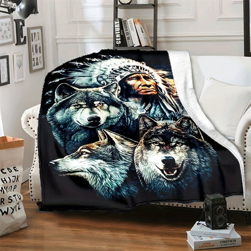 Retro Indian and Wolf Pattern Printed Blanket with Flange Soft Warm Fabric for Sofa Bed Camping