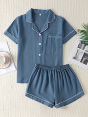 Women's Summer Pajama Set Short Sleeve Button-Up Top with Lapel Collar and Elastic Shorts