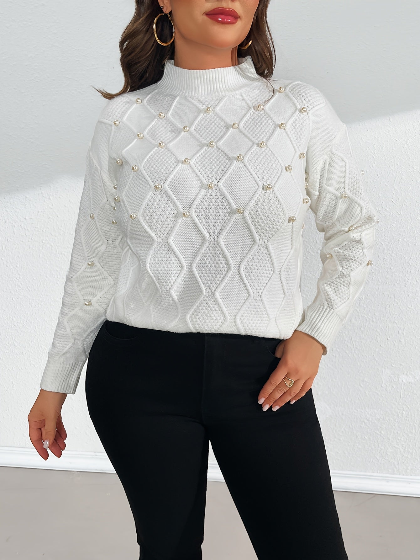 Women's Knit Sweater Long Sleeve Crew Neck Pearl Embellished Polyester Blend