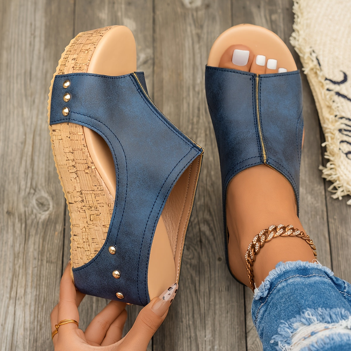 Women's Wedge Sandals Open Toe Slip-On Strappy Metallic Buckle Summer Fashion