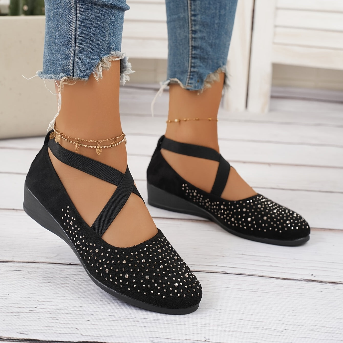 Women's Rhinestone Pattern Slip-On Wedge Shoes Light Comfortable