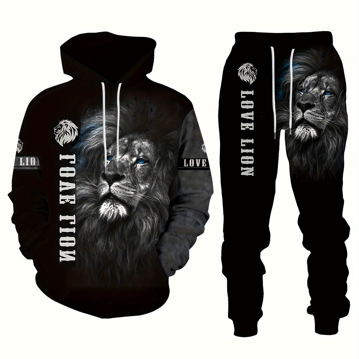 Men's Plus Size Lion Print 3D Hoodie and Sweatpants Set for Autumn Winter