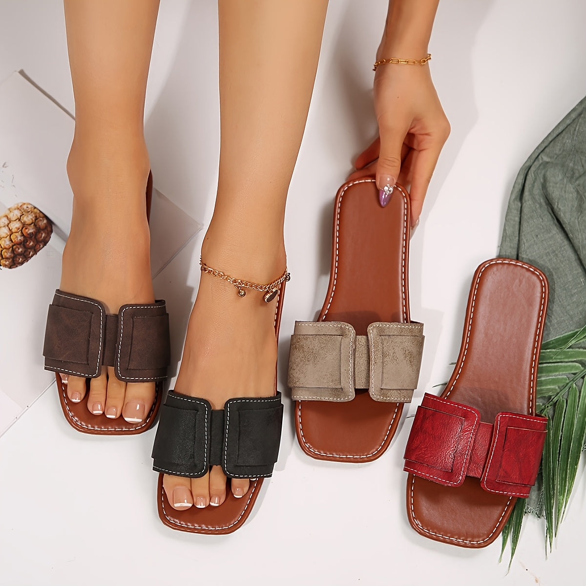 Women Square Toe Slides Summer Flat Heel Beach Shoes