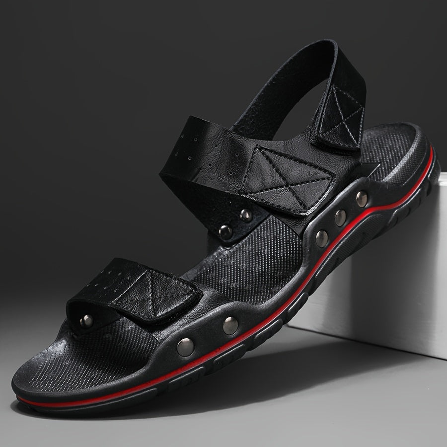 Men's Plus Size Solid Color PU Sandals with Hook-and-Loop Closure Rubber Sole