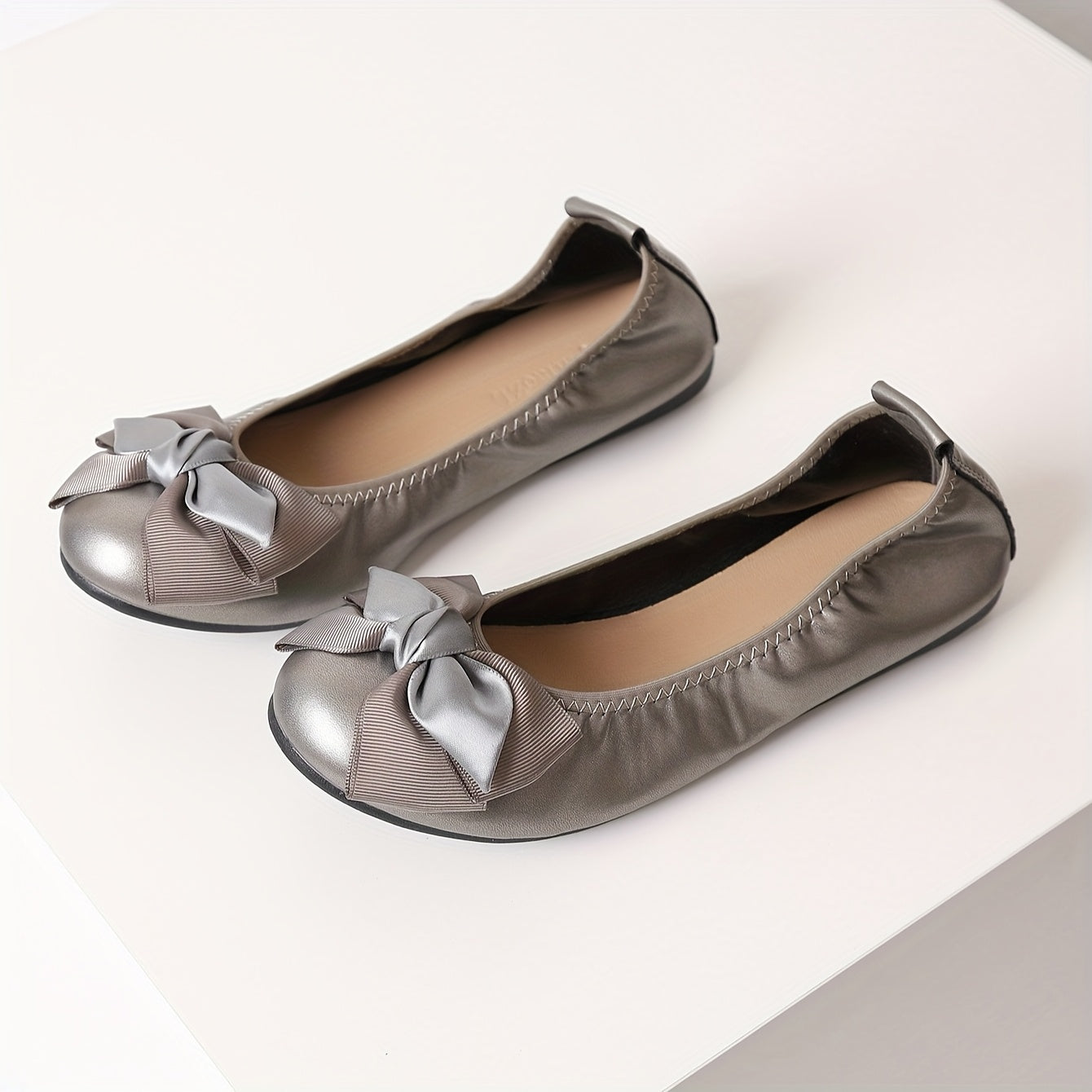 Zapatos planos de ballet para mujer con detalle de lazo, zapatos sin cordones en gris claro para todas las estaciones