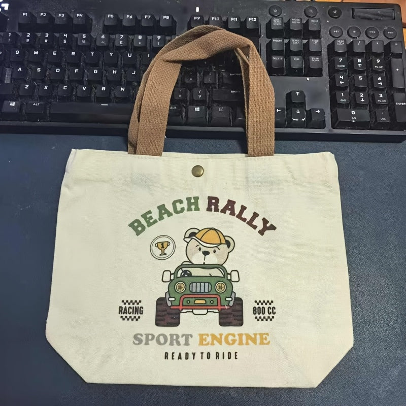 Bear Print Canvas Handbag Lunch Box Storage Bag for Outings