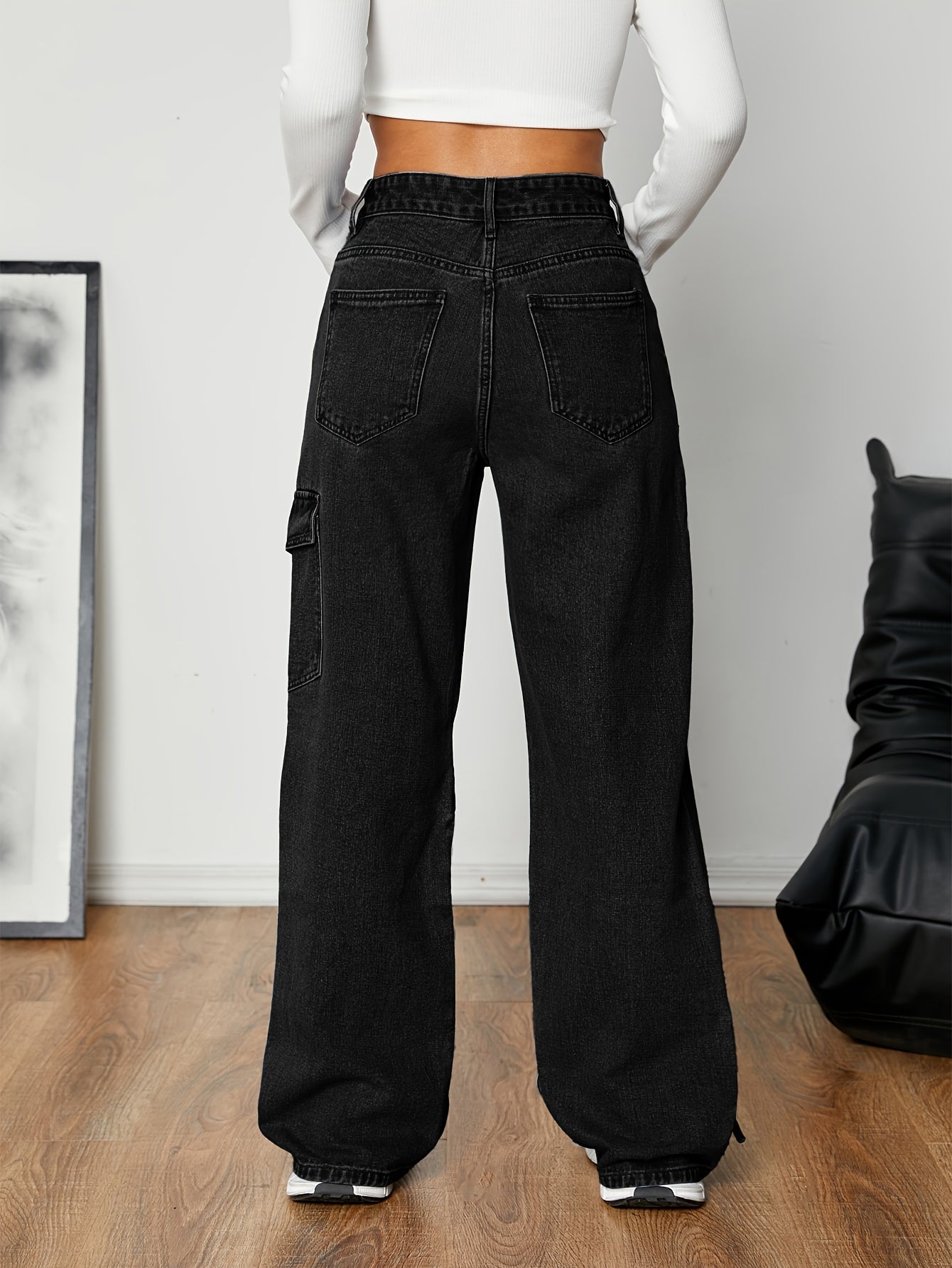 Women's Black Cargo Jeans Wide Leg Bow Tie Non-Stretch Rayon Spring Fall