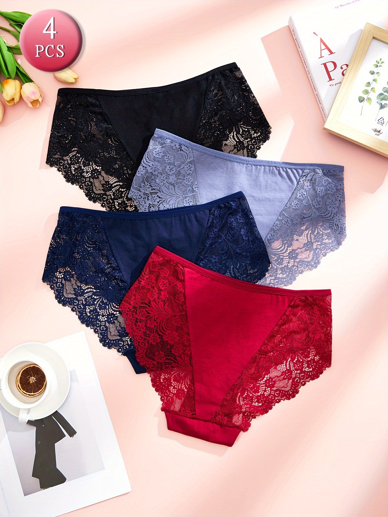 Women's Plus Size Floral Lace Briefs 4 Pack Breathable Stretchy Panties