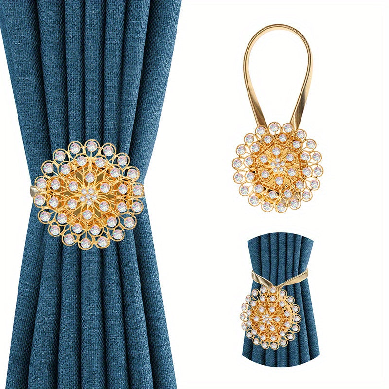 Magnetic Curtain Tieback with Crystal Flower and Elastic Spring Wire for Home Office