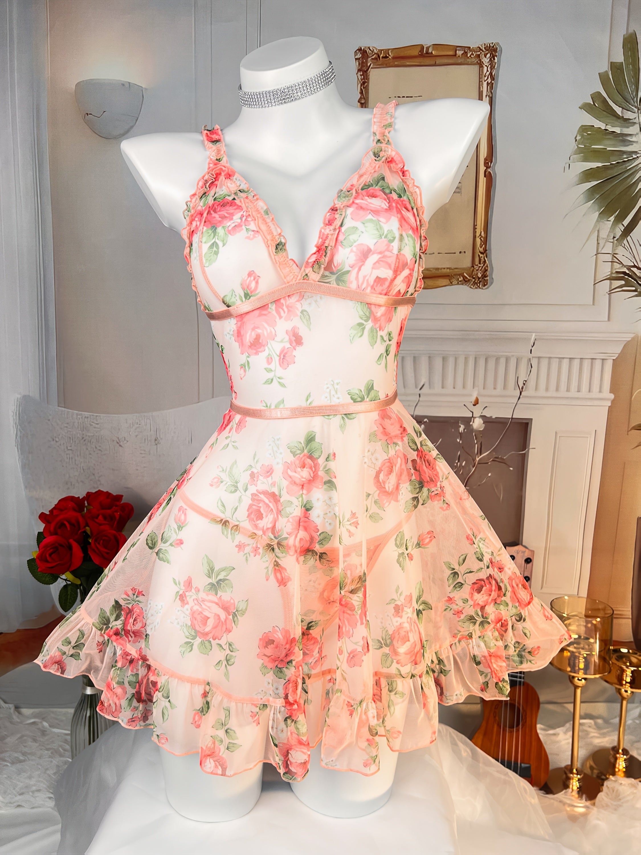 Conjunto de lencería con estampado floral, con camisón y tanga, tejido de poliéster y spandex, estilo maduro