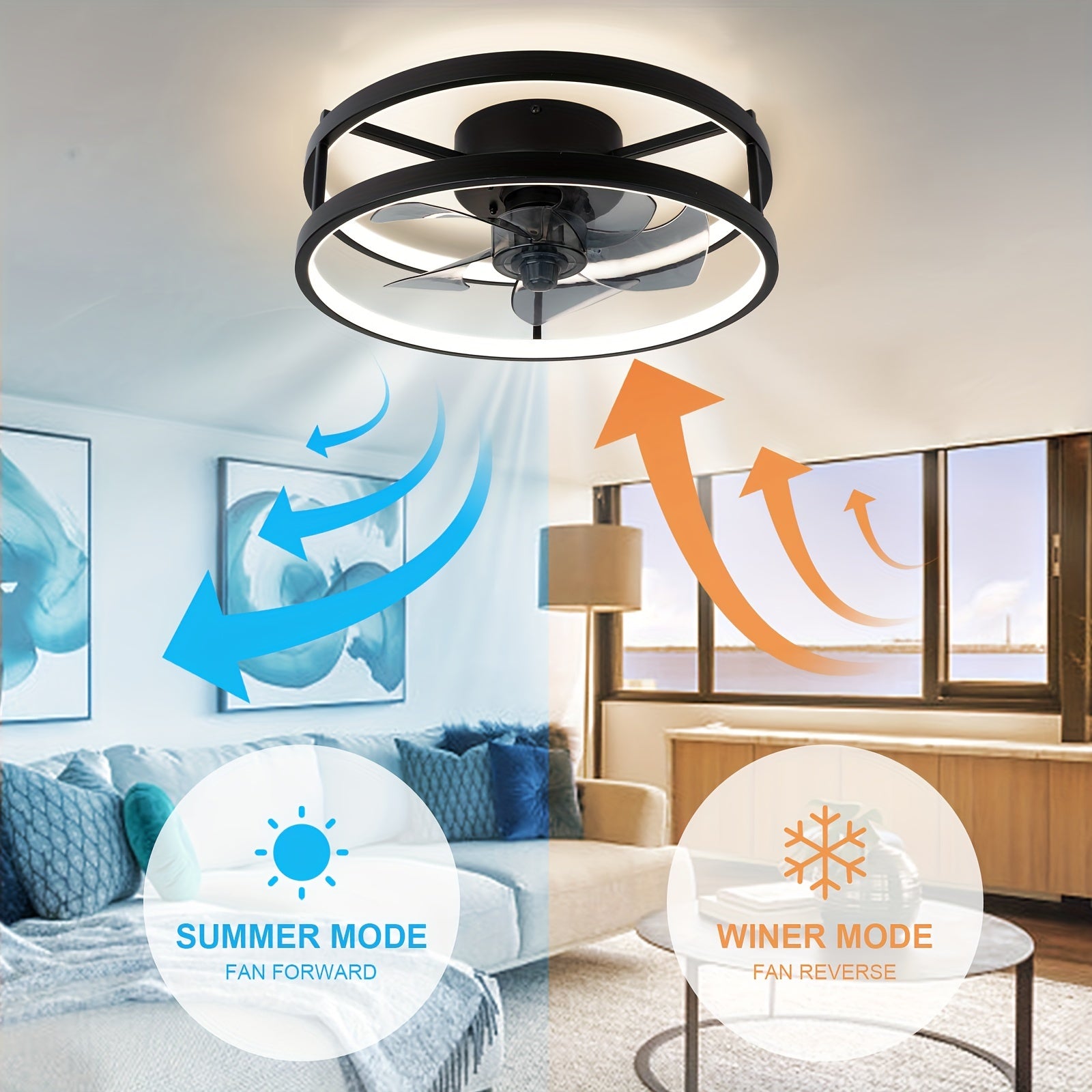 Black Dimmable Low Profile Ceiling Fan with Lights Remote Control for Bedroom Living Room Kitchen
