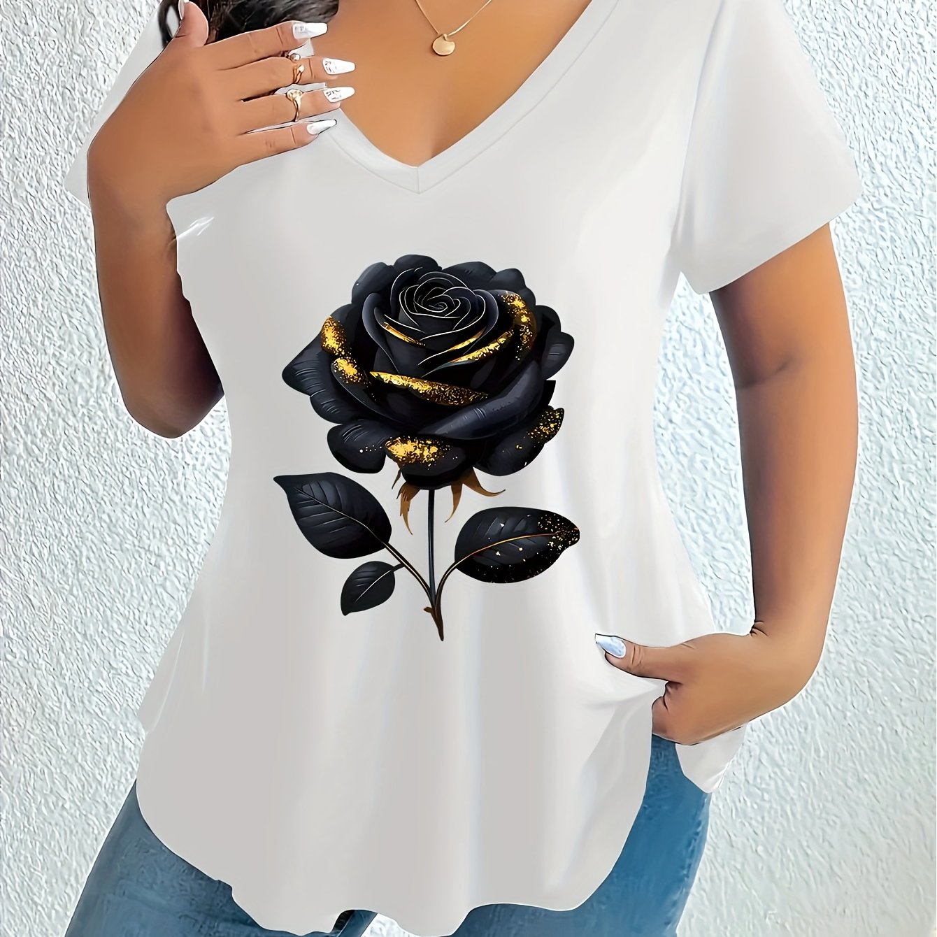Plus Size Women's V-Neck T-Shirt with Gold Rose and Geometric Print Black Casual Short Sleeve