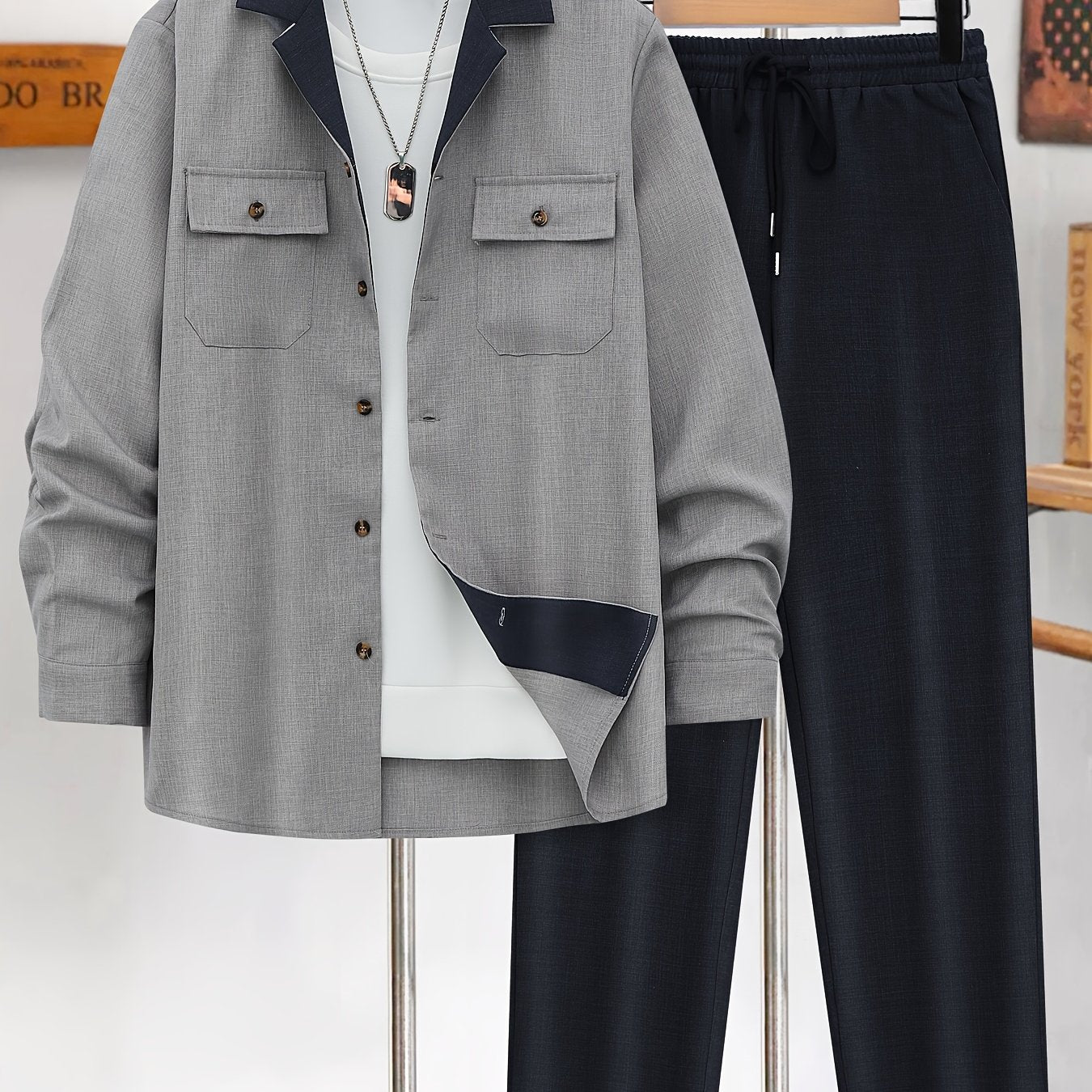 Мужской повседневный костюм из полиэстера с длинным рукавом, жакетом на пуговицах и брюками, большой размер, для весны и осени