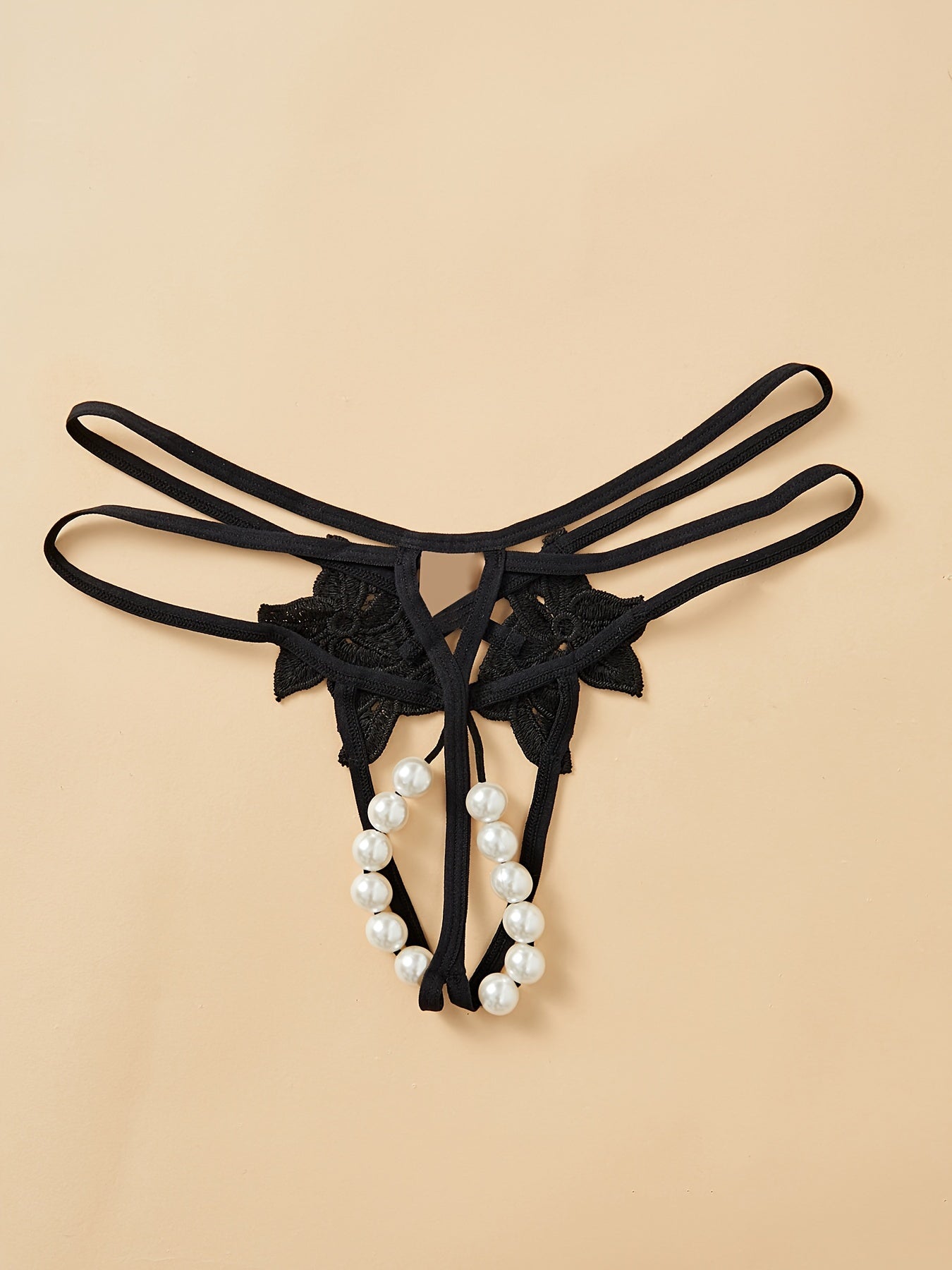 Women's Floral Applique Thongs with Faux Pearl Accents Low Waist Lingerie