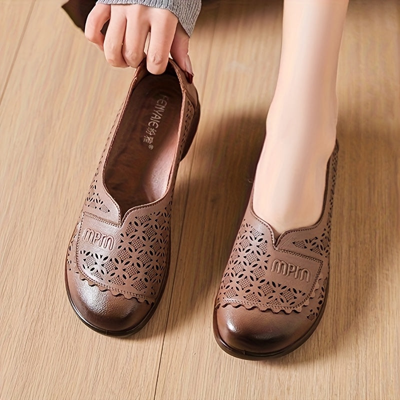 Women's PU Hollow-Out Flat Shoes Casual Slip-On Loafers Breathable Flats