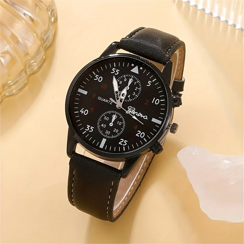 Set of 5 Men's Black Leather Casual Watches with Tree Design and Rope Strap