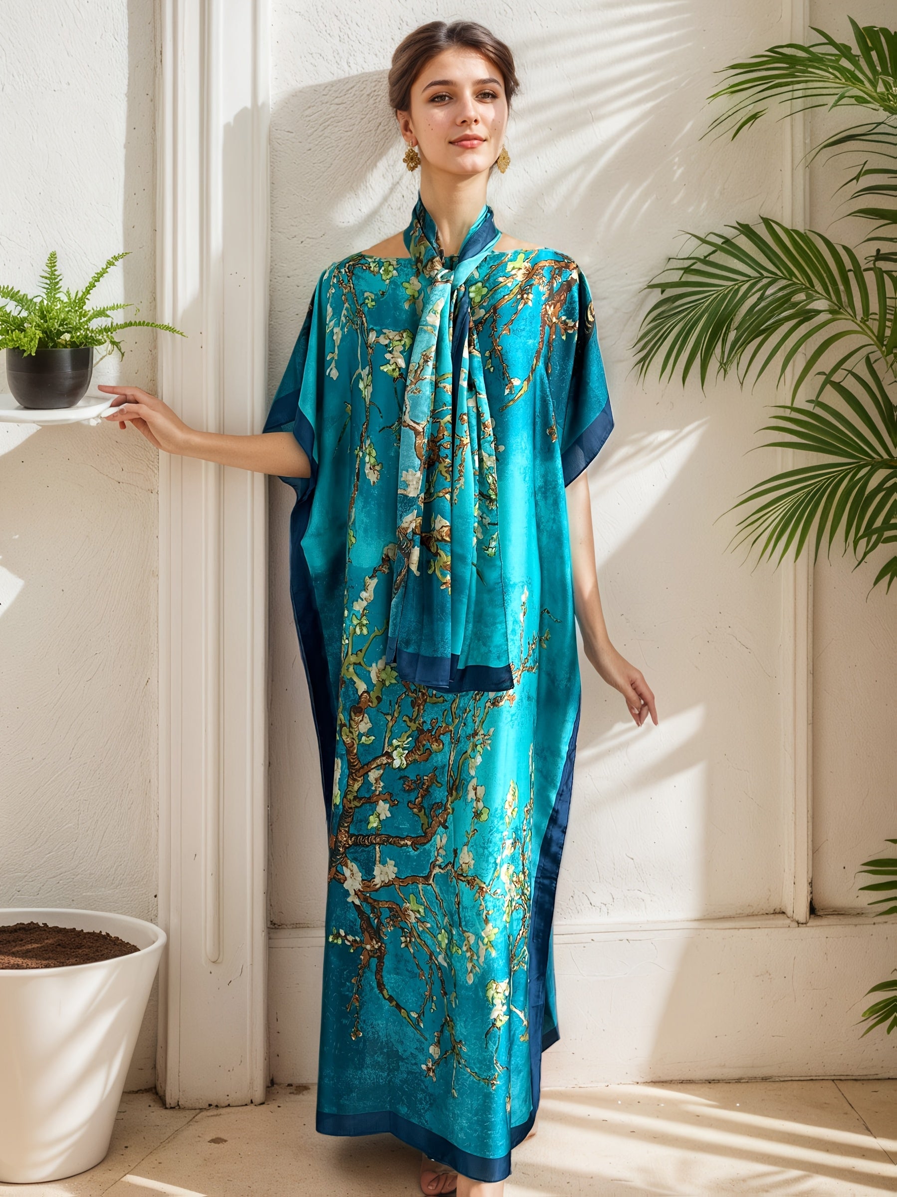 Plus Size Women's Floral Dress with Scarf Emerald Green Blue Peony Short Sleeve