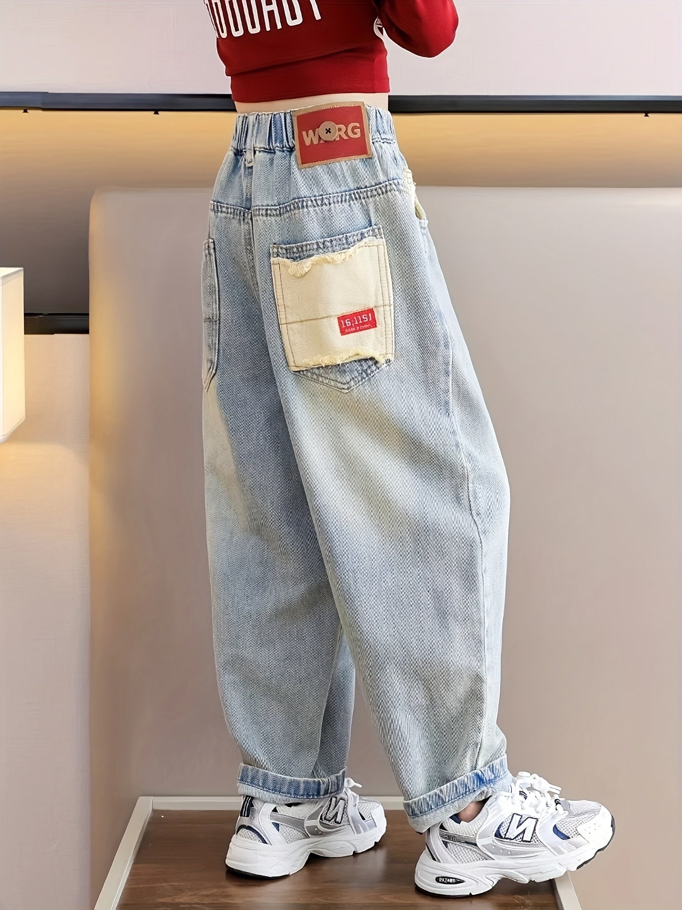 Girls' Loose Fit Wide Leg Jeans for Girls Cotton Blend Cowboy Style