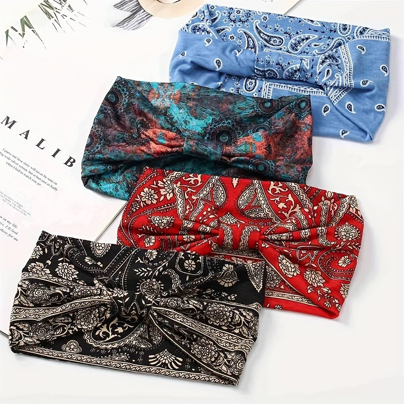 Set of 4 Boho Printed Elastic Knotted Headbands for Yoga Running Sports Women