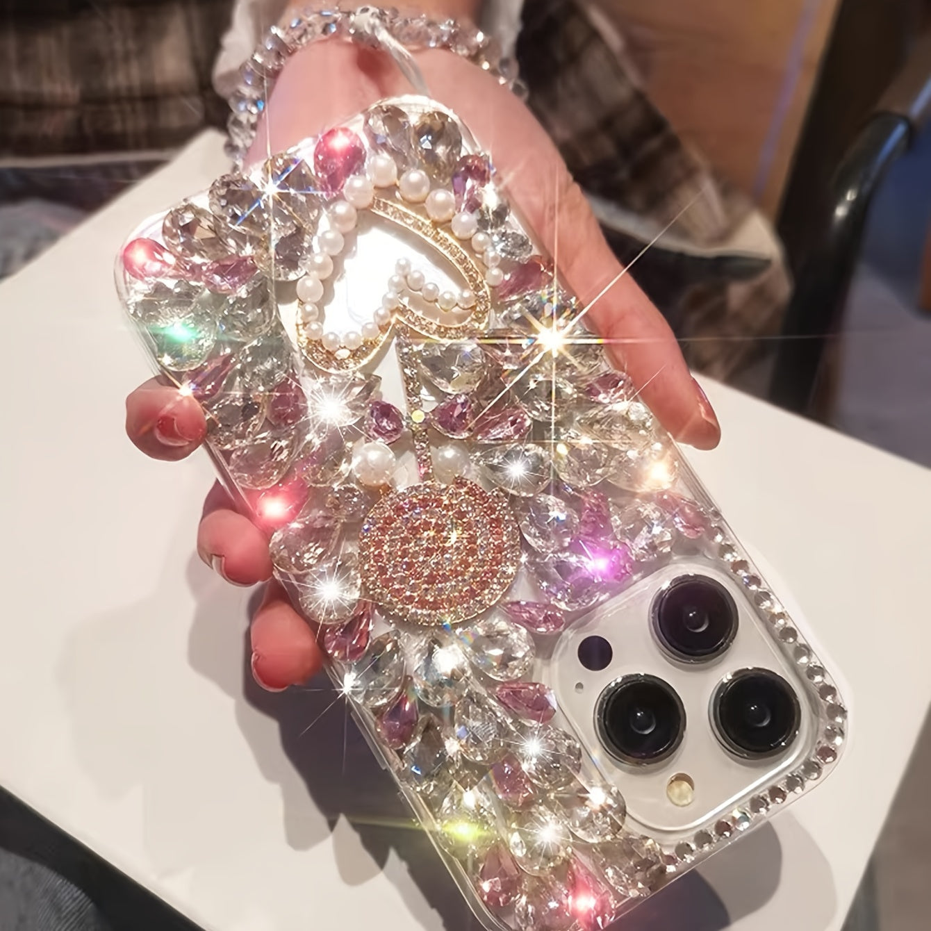 Luxury Pink Crystal TPU Phone Case with Rhinestones and Lanyard for iPhone 16 Pro Max and 15 Plus