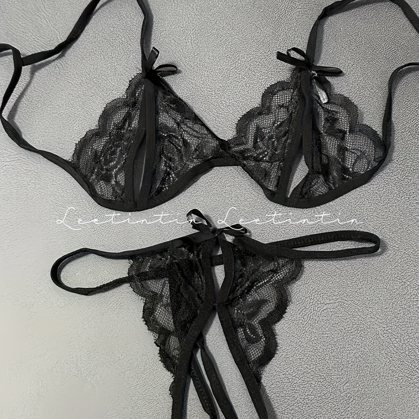 Women's Floral Lace Lingerie Set with Semi-Sheer Bra and Crotchless Thong