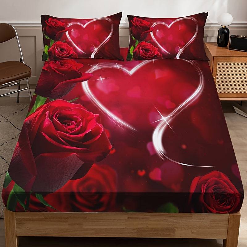 Romantic Rose Love Print Fitted Sheet Set 3 Piece Bedding Soft Breathable