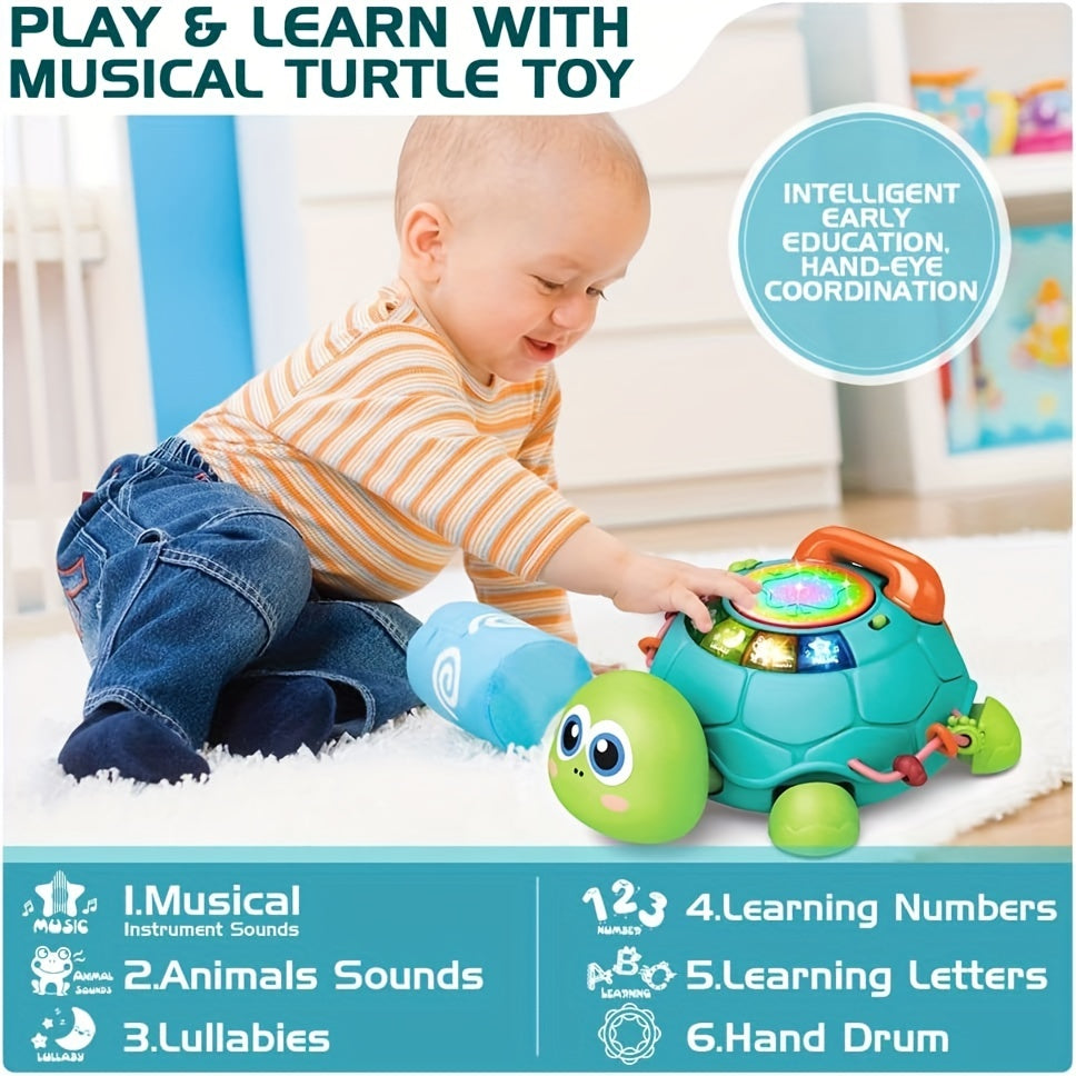 Kids Educational Toy Light-Up Turtle with Hand Drum Keyboard and Colorful Buttons Green White