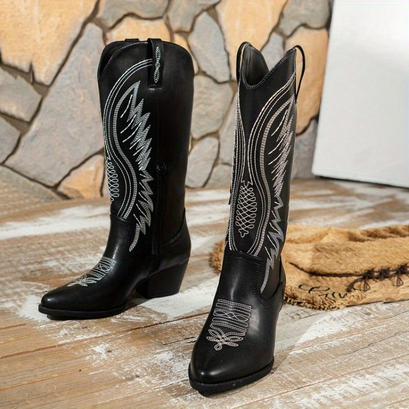 Women's Plus Size Long Western Cowboy Boots with Pointed Toe and Mid Heels