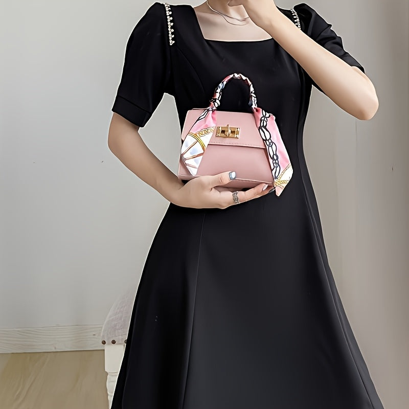 Women's PU Leather Crossbody Bag with Geometric Print and Scarf Accent