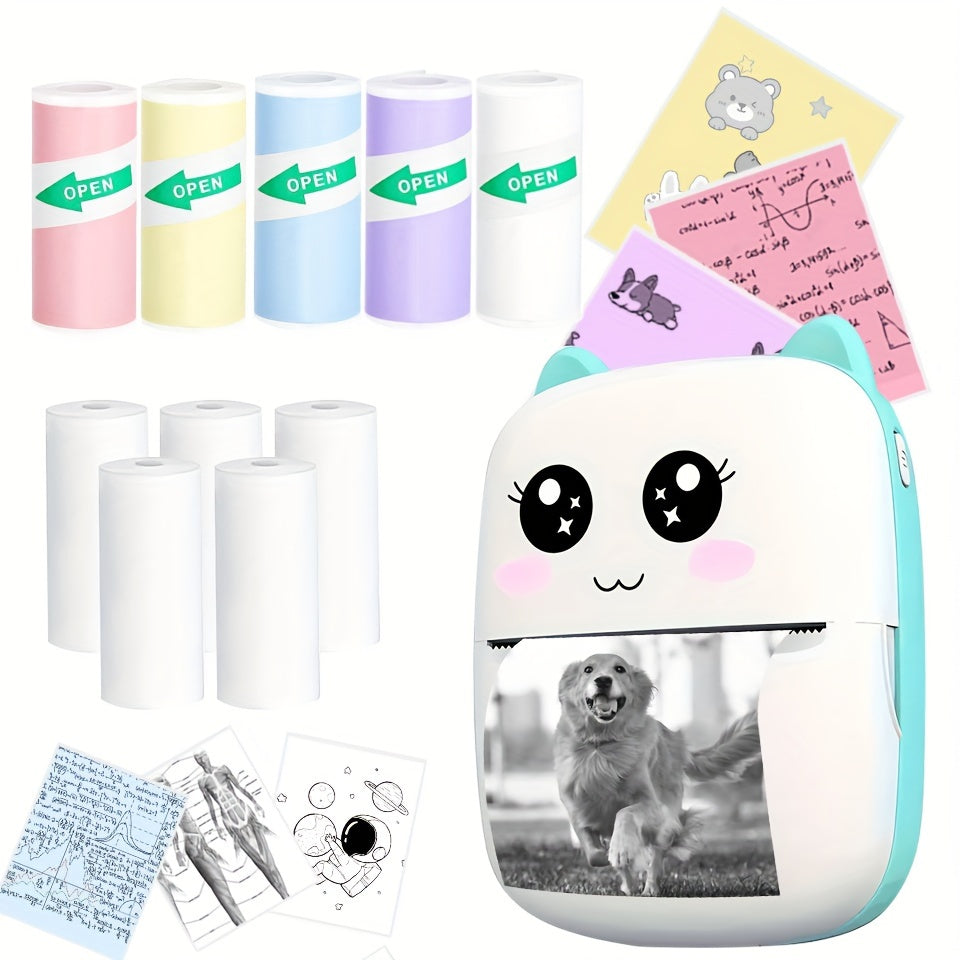 Portable Mini Thermal Printer with 10 Rolls Wireless USB Charging for Notes Receipts Labels