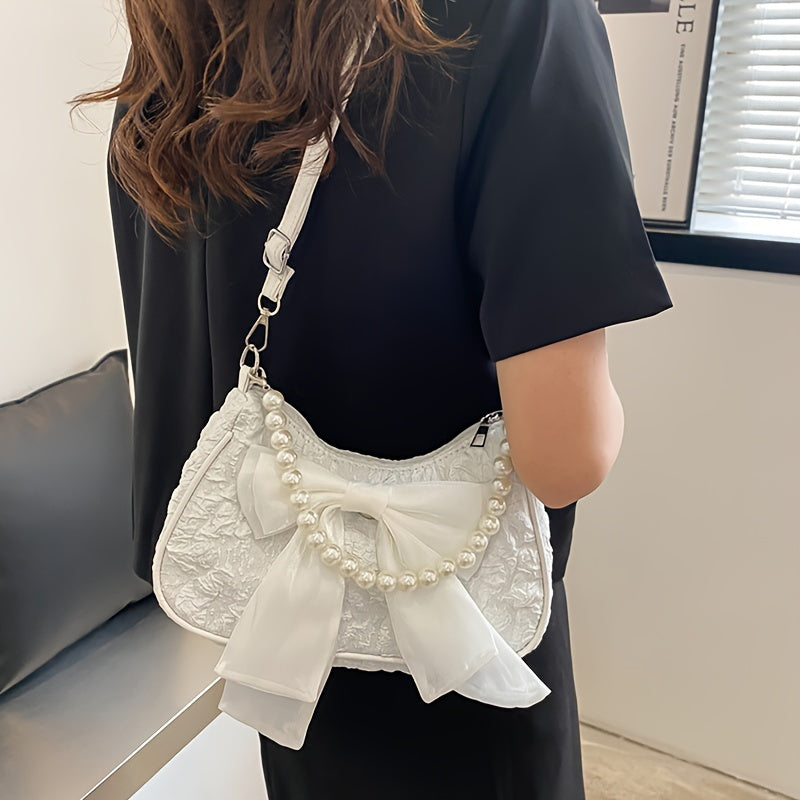 Black Crossbody Bag with Pearl Bow Zipper Closure Polyester Lining Vintage Style