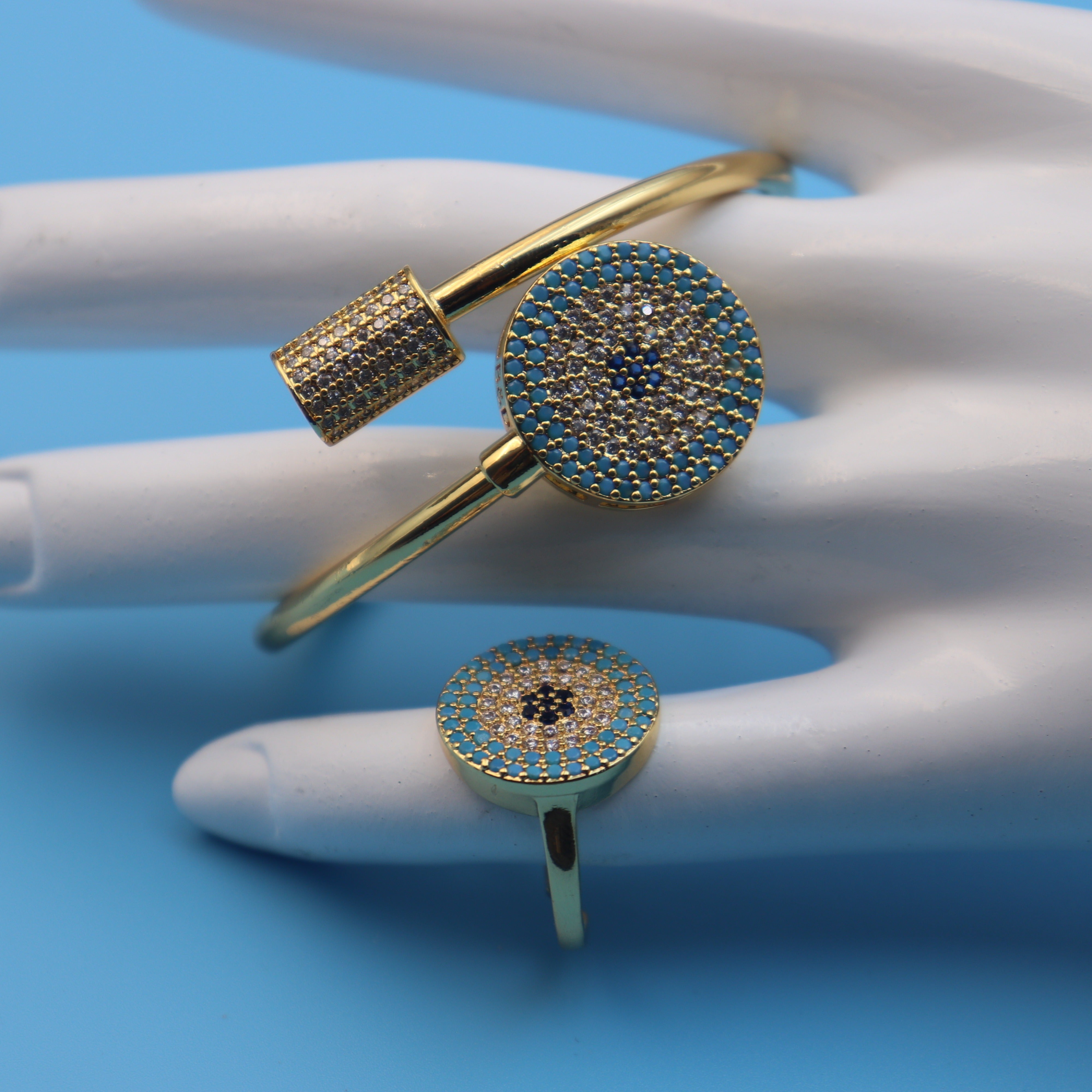 Gold Plated Bangle with Turquoise Inlay and Ring for Women